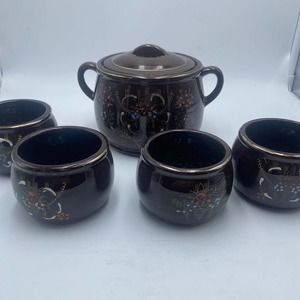 Vintage Bean Rice Pot with four cups/bowls Redware Moriage brown Betty Japan